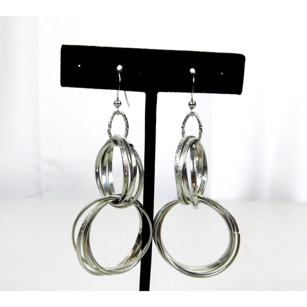 Multi Circle-Link Interlocking Hoops Polished Textured Dangled Pierced Earrings